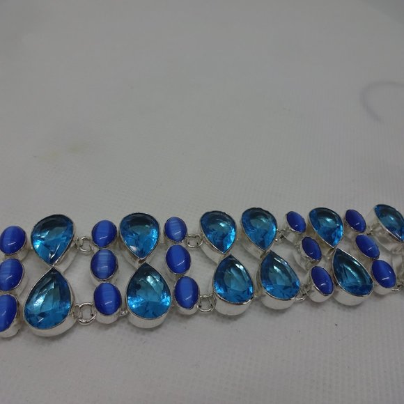 Stunning "BLUE TOPAZ & BLUE CATS EYE" Handmade Sterling Bracelet 8" #219A - Picture 2 of 3